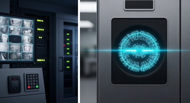 Secure data center with surveillance screens and biometric scanner on a server rack emphasizing cybersecurity and access control