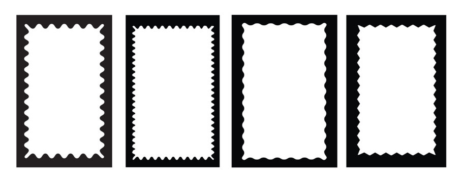 Scallop stories frames set. Zigzag wavy edges, retro squiggle frames, psychedelic rectangles, photo frames, text boxes, tags, labels. Vector groovy shapes set. Wave and curvy borders.