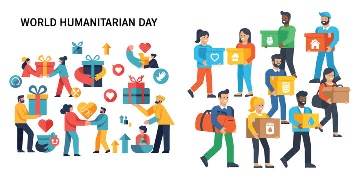 Humanitarian Day Vector Illustration of Diverse Volunteers Giving and Receiving Donations