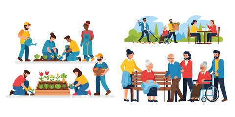 Fototapeta premium Community and Social Support Group Engages in Volunteering and Elderly Care Activities, World Humanitarian Day