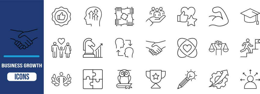 Business and personal growth strategy icons. trophy icon set, handshake icon set, graduation cap icon set