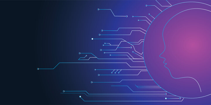 Digital circuit head on blue background with binary code. AI and innovate concept. 3D Rendering