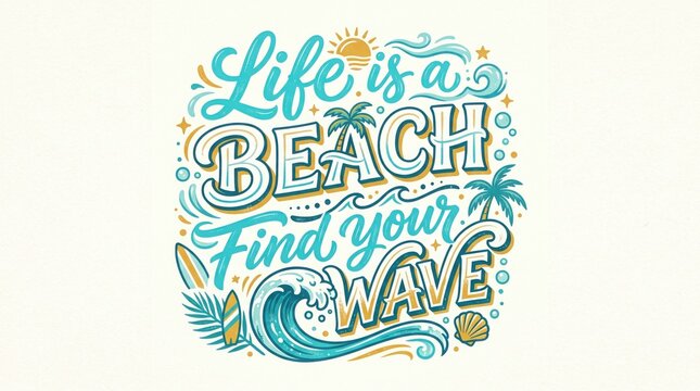  Vintage beach lettering quote, Life is a Beach Find your Wave typography, retro summer vacation illustration with ocean waves and palm trees