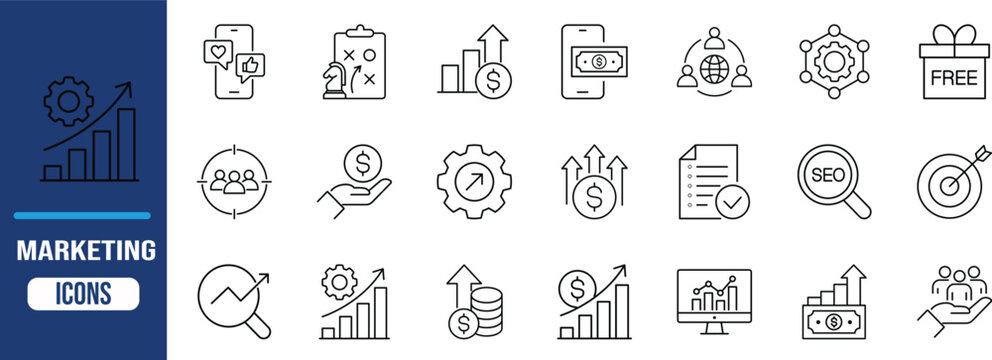 Business marketing finance strategy growth icons. chart icon set, money icon set, phone icon set
