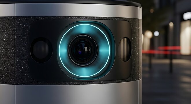 Close up of a futuristic robot camera lens with a blue glowing ring on a city street at night, advanced technology concept