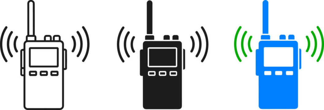 Walkie talkie communication icons set with wireless signal waves in outline, solid, and colored styles isolated on clean background