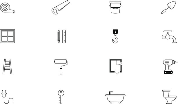 Home Renovation Construction Tools and Interior Remodeling Line Icon Set