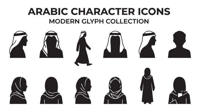 Modern glyph collection of arabic male and female headshot icons and character silhouettes