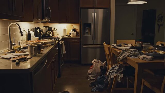 Kitchen shows dirty dishes stacked in sink and on countertops. Food debris and laundry spread around the floor. Evening lighting creates shadows