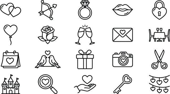 Valentine's Day wedding and romantic love line icon set with ring heart rose champagne and gift