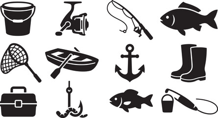 Fototapeta premium Fishing gear equipment and accessories black silhouette icon set