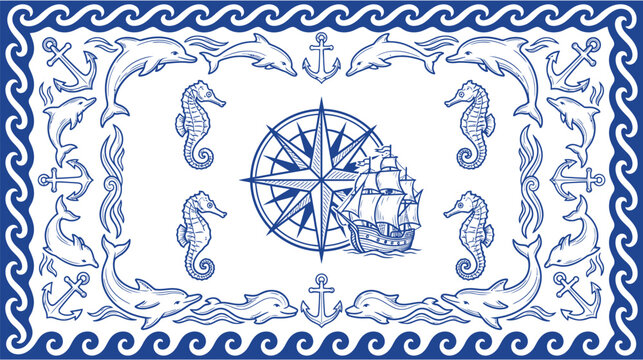 Nautical themed vector illustration with a vintage compass rose, sailing ship, marine life, and anchors, framed by an intricate ocean wave border in blue and white