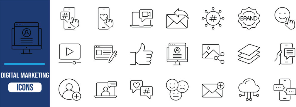 Social media and digital marketing icons. smartphone icon set, hashtag icon set, heart icon set