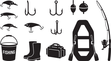 Fishing gear equipment and boat black silhouette icon set © Open Expression