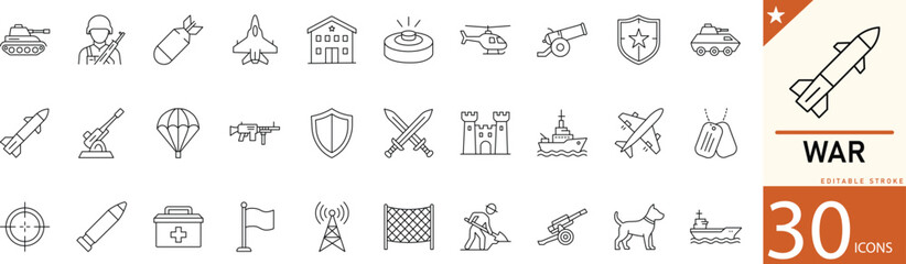 War line icon set for military, battle, army, defense, strategy, and combat concepts. Editable vector icons for history projects, military themes, and strategy design. © mstlily