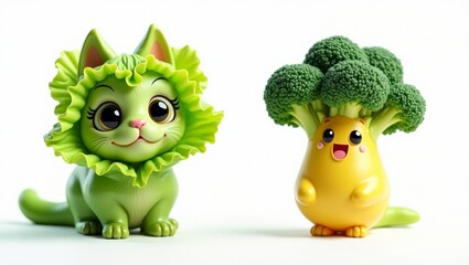 Naklejka premium Cartoon-style green cat with lettuce leaves for fur and a cheerful broccoli character with a yellow body, both displayed against a plain white background