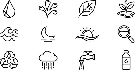 Water resources and environmental conservation outline icon set with drop recycling leaf wave and tap © Sabbir Studio