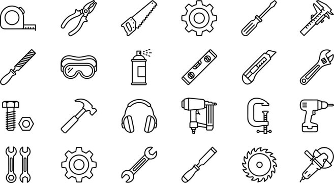 Construction work and carpentry hardware tools line icon set with hammer wrench screwdriver gear and drill
