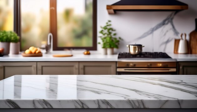 blurry kitchen backdrop empty marble surface for stylish product showcase and design space