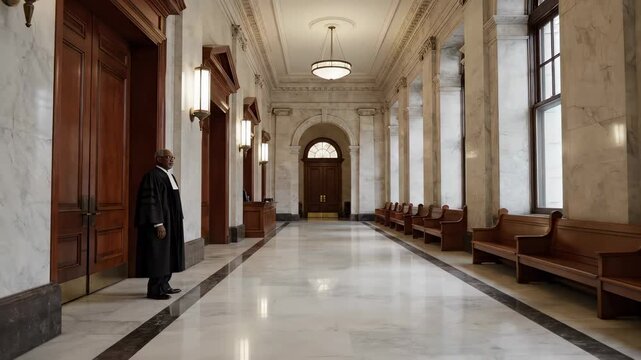 Judge stands in elegant hallway inside courthouse. High ceilings and marble floors create a formal atmosphere. Concept of judicial system, law enforcement, court services