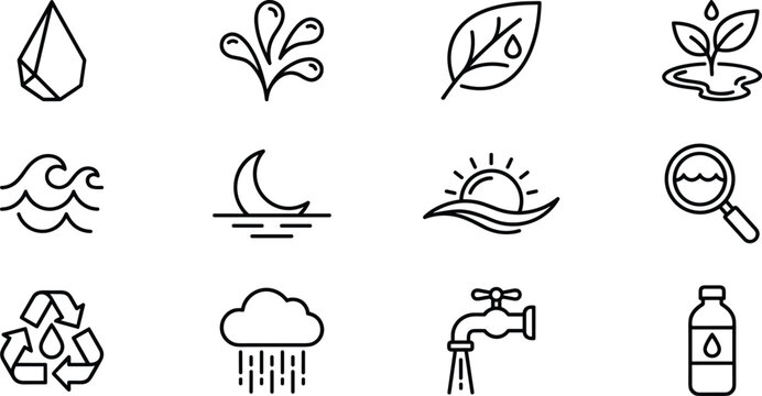 Water resources and environmental conservation outline icon set with drop recycling leaf wave and tap