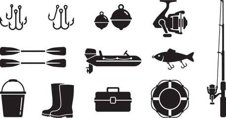Fishing gear equipment boat and safety accessories black silhouette icon set © Open Expression