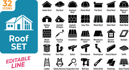 House roof types and construction materials vector icon set, black silhouettes of roofing shapes, tools, tiles, and drainage components isolated on white background © MS Studio1