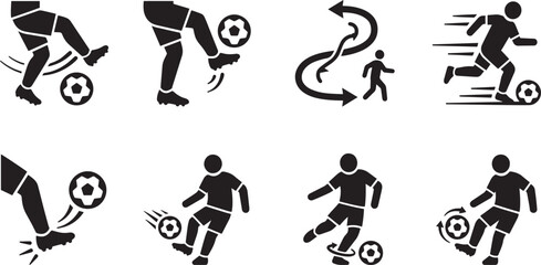 Soccer player ball control and footwork training icons set, football player dribbling juggling running with ball and trick skills vector glyphs © rofikgraph24