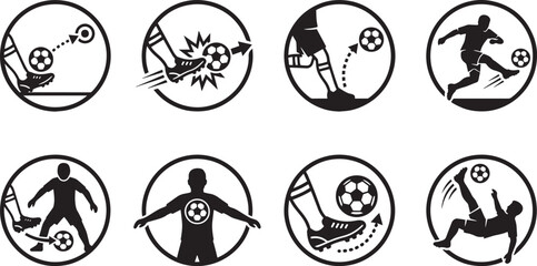 Soccer kicking techniques and ball control round icons set, football player passing striking shooting and bicycle kick vector glyphs © rofikgraph24