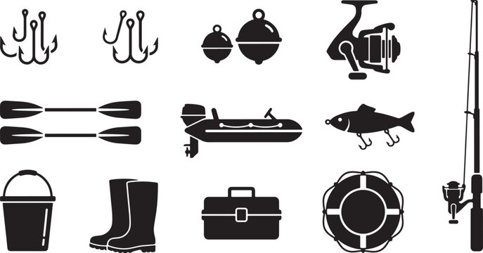 Fishing gear equipment boat and safety accessories black silhouette icon set