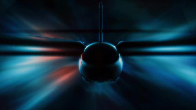 Jet engine thrusts forward with dynamic lighting effects creating a sense of speed and power. Dark abstract background enhances visual impact. Concept of aviation, aerospace, technology