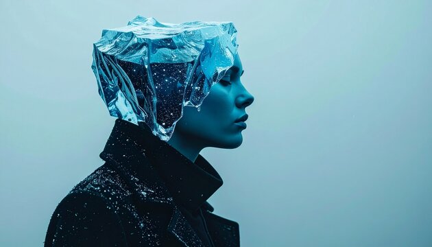 Surreal Profile of a Woman with an Ice Block on Her Head