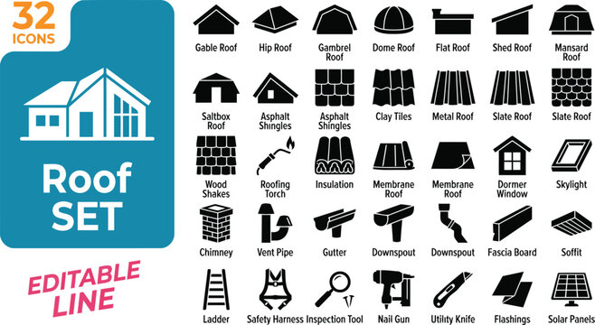 House roof types and construction materials vector icon set, black silhouettes of roofing shapes, tools, tiles, and drainage components isolated on white background