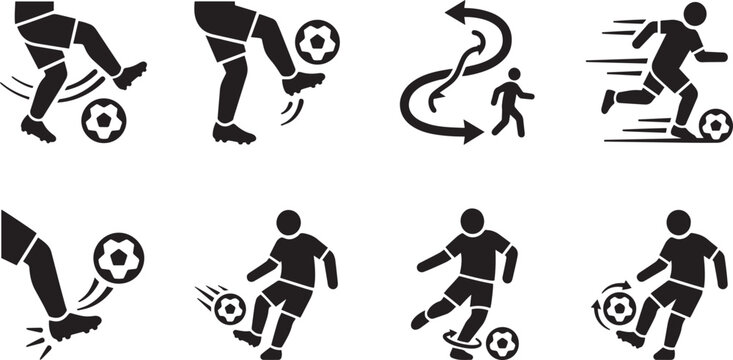 Soccer player ball control and footwork training icons set, football player dribbling juggling running with ball and trick skills vector glyphs