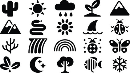 Fototapeta premium Collection of twenty black and white nature themed icons for environmental and outdoor projects