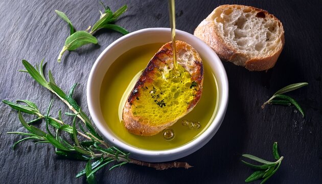 fresh artisan bread dipped in extra virgin olive oil with herbs