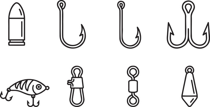 Fishing terminal tackle hooks lure and sinker outline icon set
