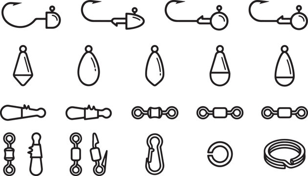Fishing terminal tackle jig head sinker and swivel outline icon set