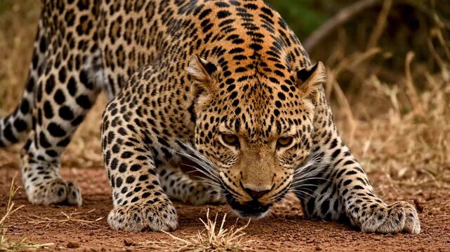 Jaguar prepares to pounce on its prey in natural habitat. Grass and shrubs surround the intense moment, highlighting wildlife and nature conservation