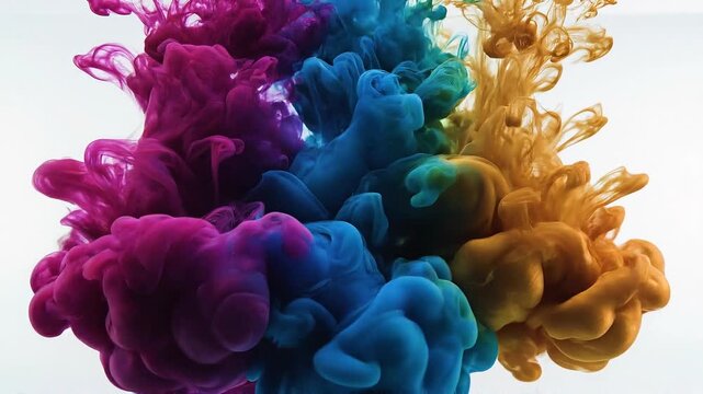 Three Vibrant Clouds of Ink Exploding in Water Against a White Background Showing Swirling Textures and Colors of Magenta Blue and Gold