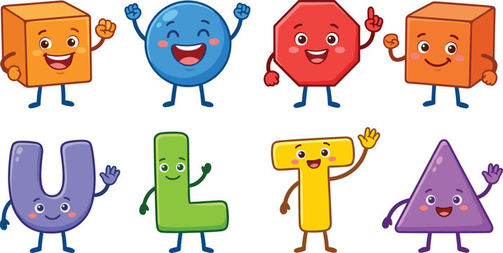 Cute Cartoon Geometric Shapes and Alphabet Letters Mascot Character Set for Children Mathematics and Kindergarten School Education Designs