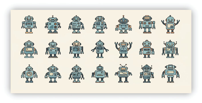 Collection of cute retro robots in different shapes and designs, pastel colors, simple cartoon style, clean background, playful and fun illustration