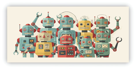 Collection of cute retro robots in different shapes and designs, pastel colors, simple cartoon style, clean background, playful and fun illustration © Same