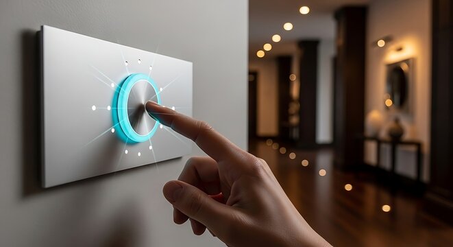 Smart home control panel with a finger pressing a glowing blue button on a modern wall, representing technology and automation in a luxurious interior.