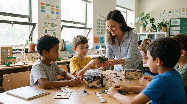 Children building robot in classroom