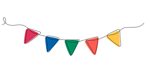 Continuous line drawing Colorful triangular bunting flags, festive party decoration, multicolored pennant garland, celebration banner © GOBINDO