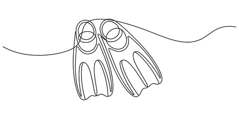 Continuous line drawing Minimalist scuba diving flippers, line art illustration, black outline on white background, diving gear, swimming fins © GOBINDO