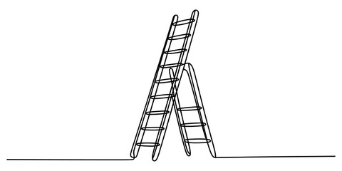 Minimalist line art ladders, crossed step ladders, simple black outline, construction tools, illustration © GOBINDO