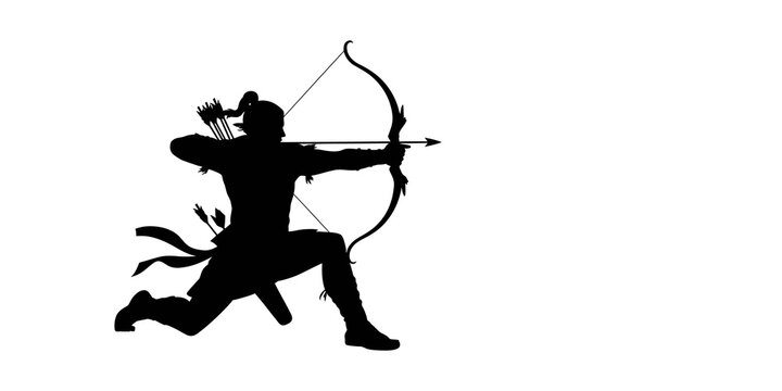 Archer silhouette, black bow and arrow, running archer icon, sports illustration