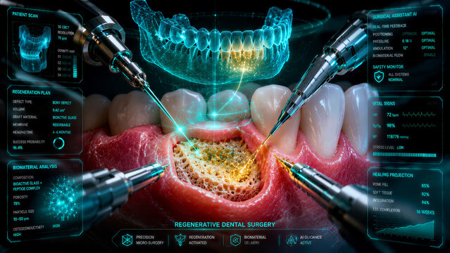 Regenerative Dental Surgery with Biomaterial Bone Reconstruction and AI Guided Robotic Microsurgery